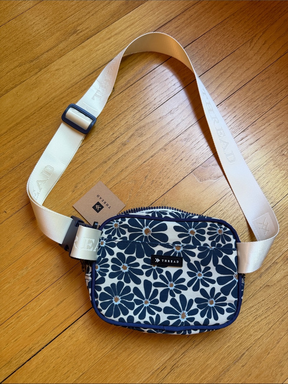 Thread Floral Crossbody Bag in Navy and Cream